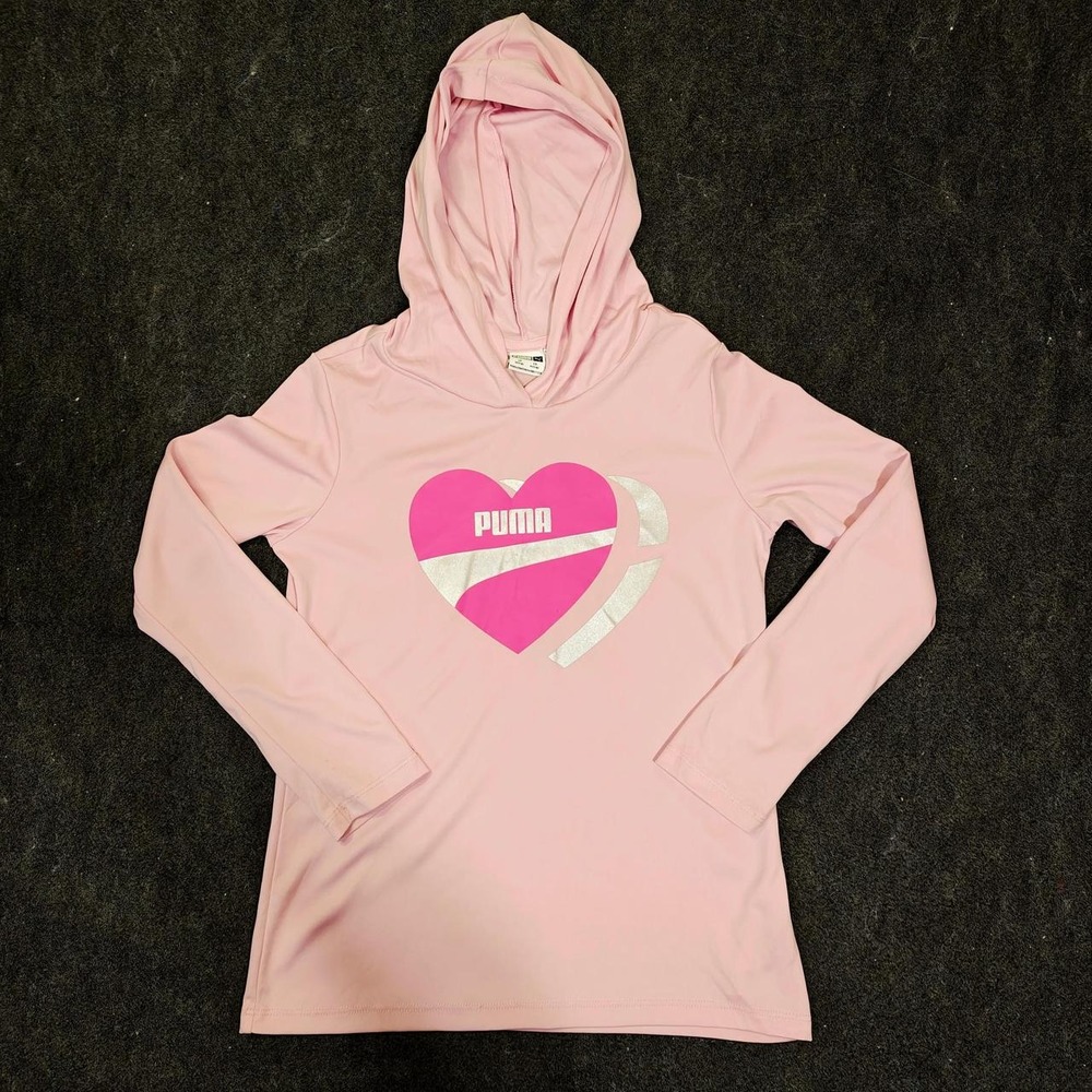Puma Womens Pink Heart Graphic Long Sleeve Hoodie Activewear Sweatshirt Size S